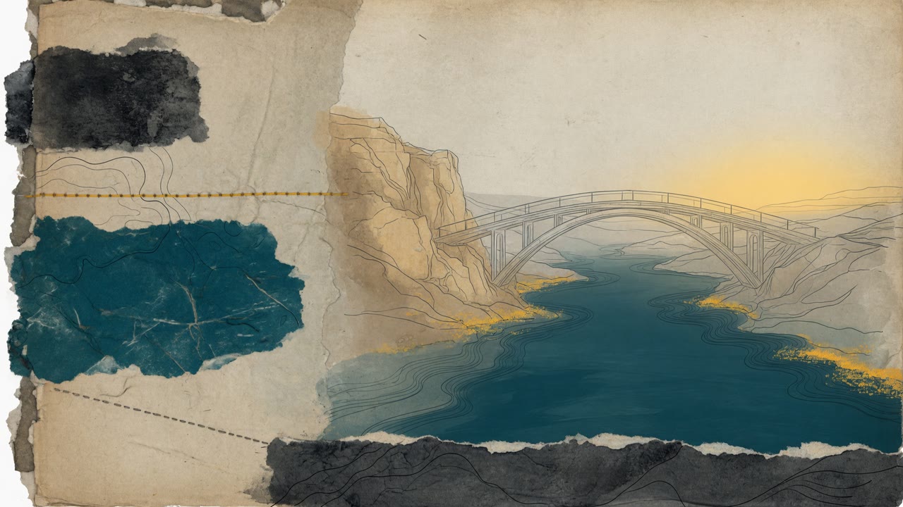 An illustrated harbor landscape at sunrise