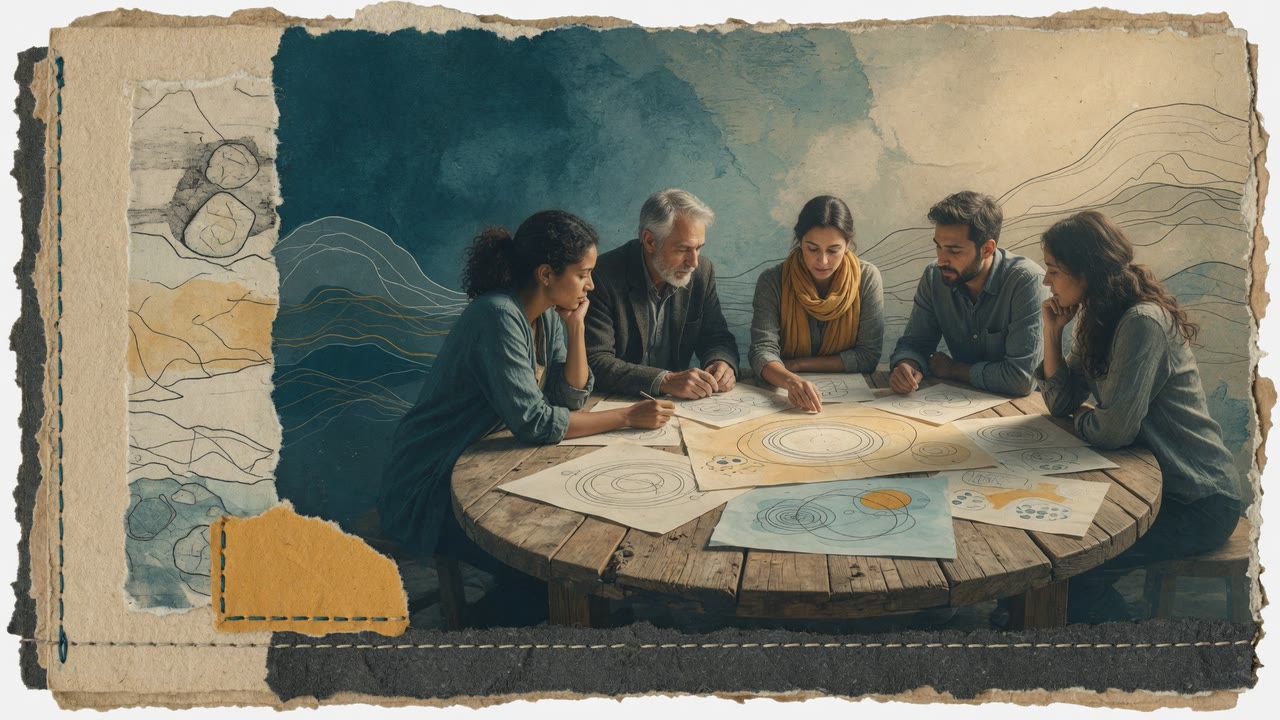 An illustrated group reviewing a circular planning table