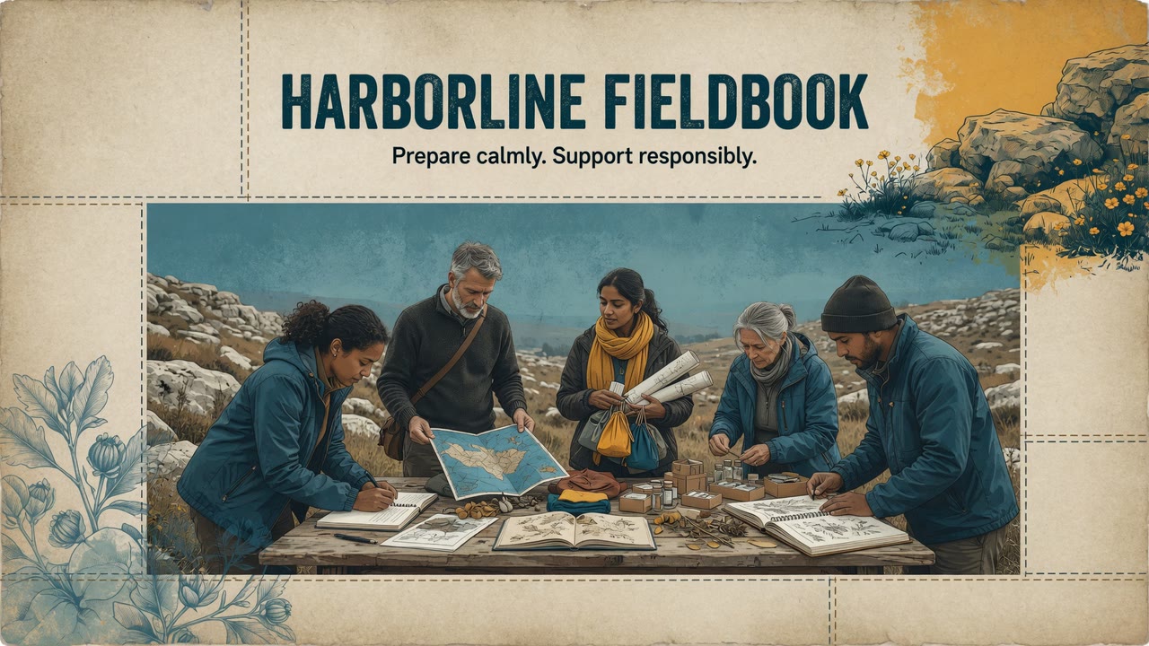 An illustrated group preparing reference materials around a table
