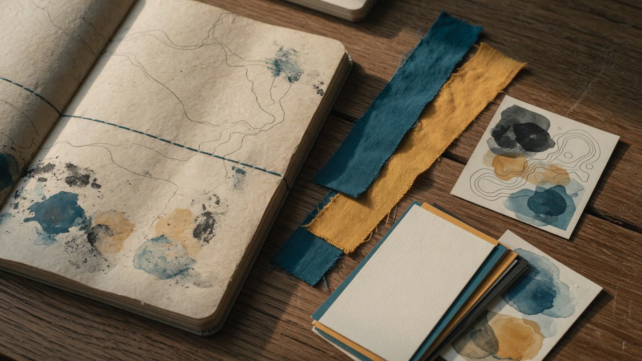 Illustrated papers and reference materials on a desk